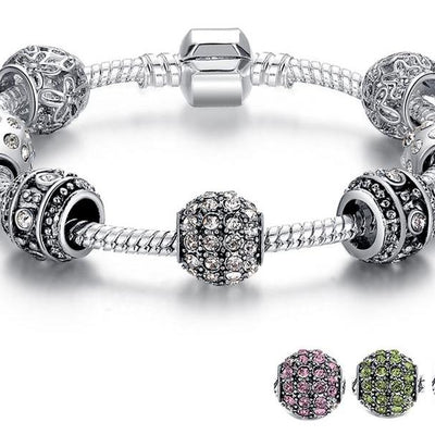 Silver Crystal Bead Charm Bracelet