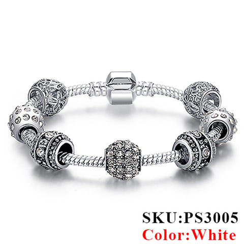 Silver Crystal Bead Charm Bracelet